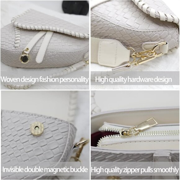 Women's White Saddle Shoulder Bag Clutch Purse Small Crocodile Leather Bag - Picture 5 of 5